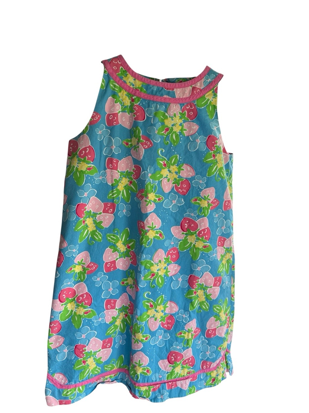 Lilly Pulitzer Girls 12 Blue Strawberry Print Sleeveless Shift Dress Pink Trim